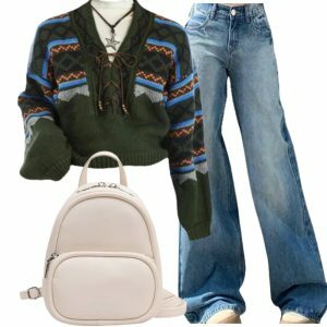 90s Outfit: Forest Fair Isle Lace-Up Sweater & Light Wash Denim Y2K Style