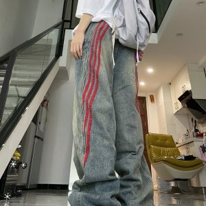 90s Style Wide Red Stripe Jeans - Y2K Vintage Outfits for Women