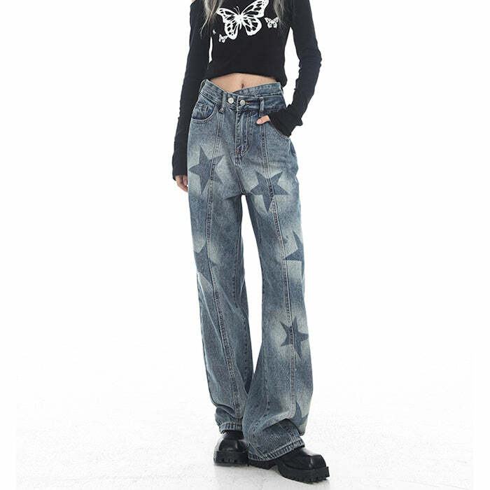 Aesthetic Star Washed Jeans - Y2K Vintage Outfits for Winter Style