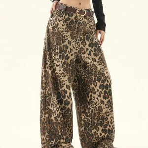 Animal Instincts Leopard Print Wide-Leg Pants | Y2K Vintage Aesthetic Outfit