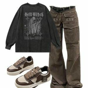 Arctic Edge Cargo Pants & Bell Witch Gothic Top - Y2K Vintage Outfit