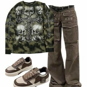 Arctic Edge Cargo Pants + Gothic Cross Skull Long Sleeve + Y2K Winter Outfits