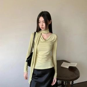 Asymmetrical Drape Neck Top - Y2K Vintage Outfits for Winter Aesthetic