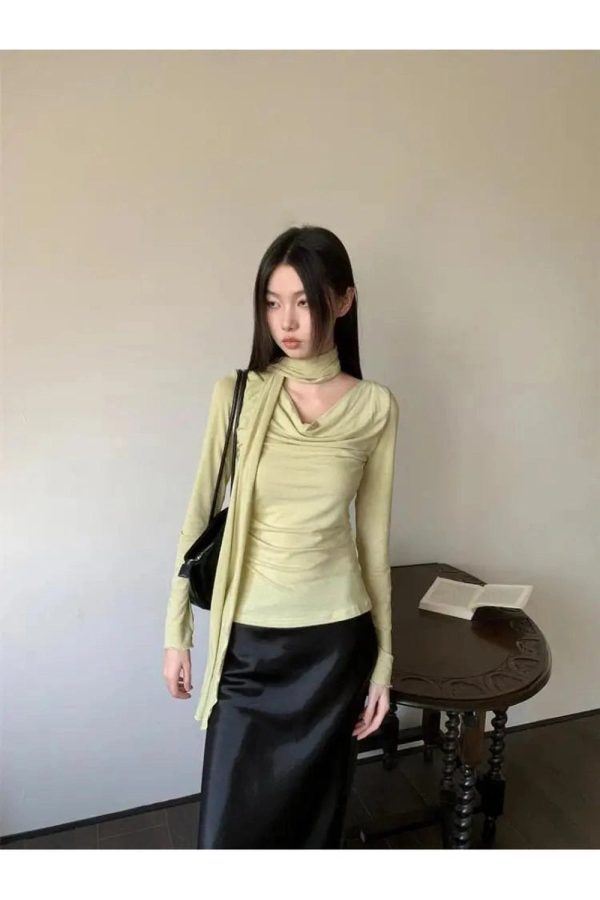 Asymmetrical Drape Neck Top - Y2K Vintage Outfits for Winter Aesthetic