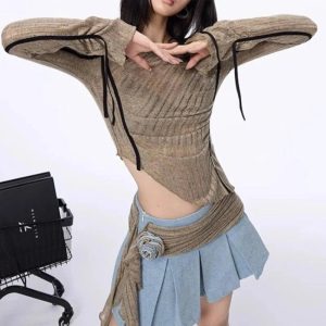 Asymmetrical Strap Detail Knit Top - Y2K Vintage Winter Fashion Outfit