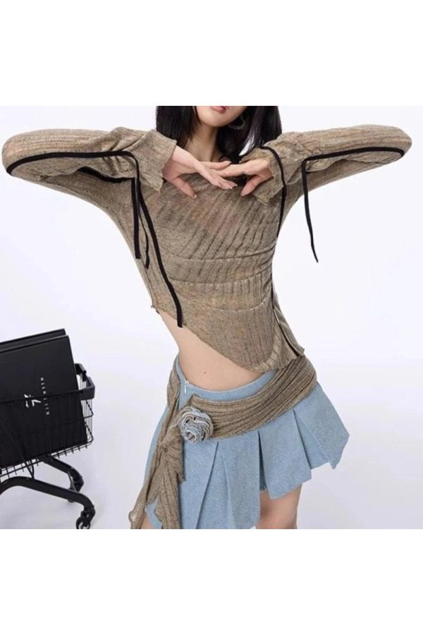 Asymmetrical Strap Detail Knit Top - Y2K Vintage Winter Fashion Outfit