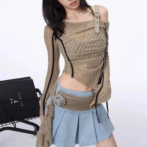 Asymmetrical Strap Detail Knit Top - Y2K Vintage Winter Fashion Outfit