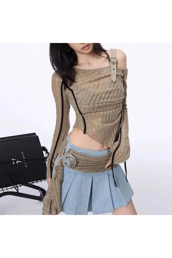 Asymmetrical Strap Detail Knit Top - Y2K Vintage Winter Fashion Outfit