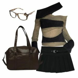 Autumn Chic Y2K Outfits: Zipper Skirt, Asymmetrical Top & Shoulder Bag