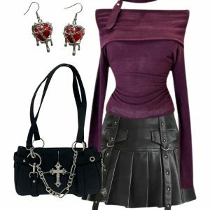 Black Buckled Pleated Mini Skirt & Asymmetric Choker Top - Y2K Aesthetic Outfit