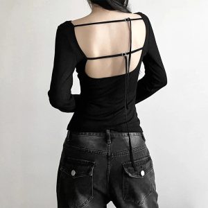 Black Off-Shoulder Ribbed Top - Y2K Vintage Winter Aesthetic Outfit