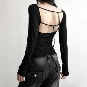 Black Off-Shoulder Ribbed Top - Y2K Vintage Winter Aesthetic Outfit