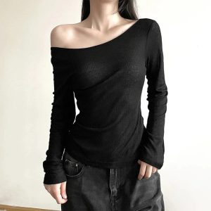 Black Off-Shoulder Ribbed Top - Y2K Vintage Winter Aesthetic Outfit