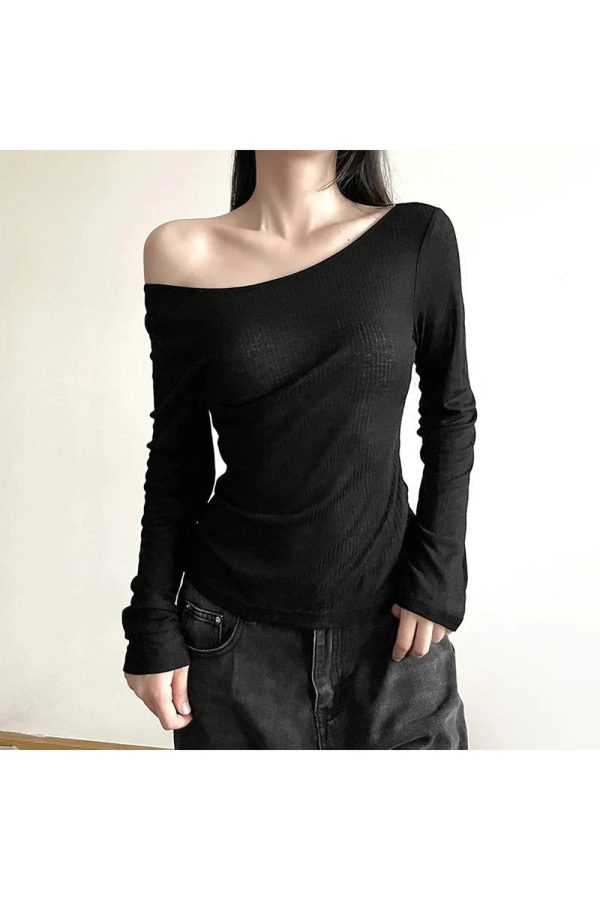 Black Off-Shoulder Ribbed Top - Y2K Vintage Winter Aesthetic Outfit