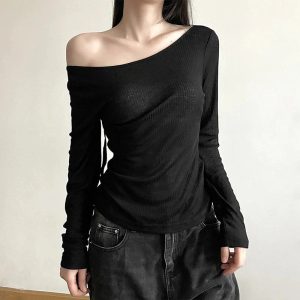 Black Off-Shoulder Ribbed Top - Y2K Vintage Winter Aesthetic Outfit