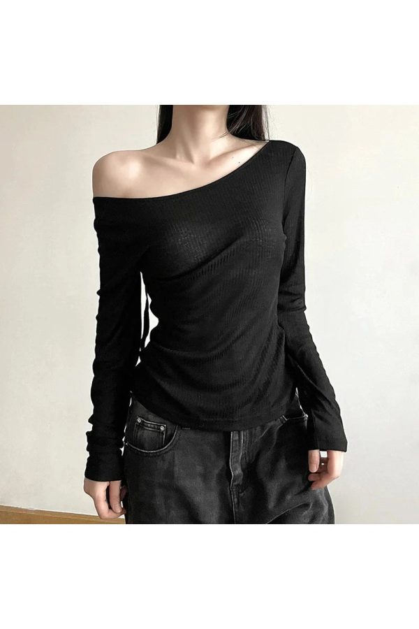 Black Off-Shoulder Ribbed Top - Y2K Vintage Winter Aesthetic Outfit