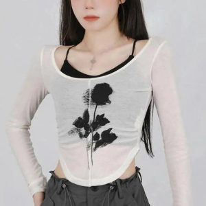 Black Rose Sheer Layered Top - Y2K Vintage Aesthetic Winter Outfit