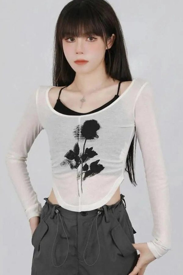 Black Rose Sheer Layered Top - Y2K Vintage Aesthetic Winter Outfit