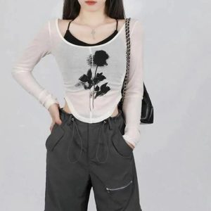 Black Rose Sheer Layered Top - Y2K Vintage Aesthetic Winter Outfit