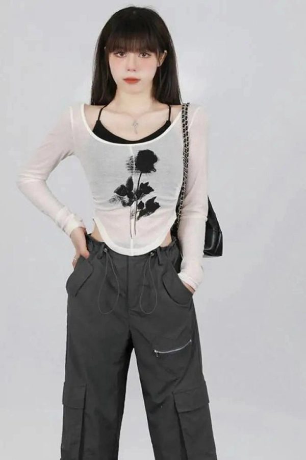 Black Rose Sheer Layered Top - Y2K Vintage Aesthetic Winter Outfit