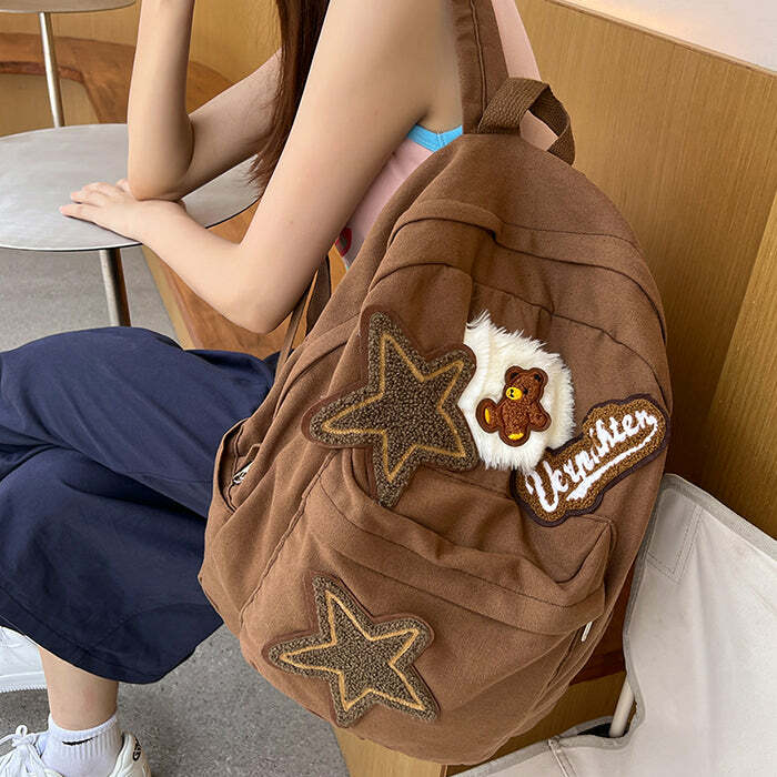 Brown Bear Star Backpack - Y2K Vintage Outfits for Winter & Street Style