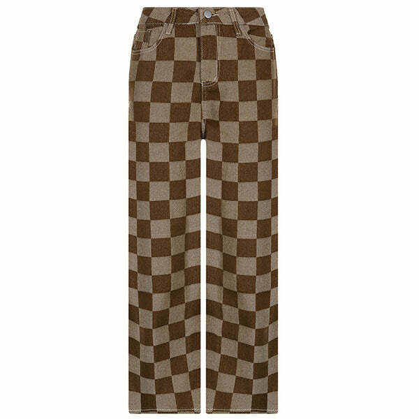 Brown Checkered Jeans - Y2K Vintage Outfits for Winter Street Style