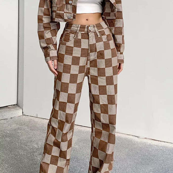 Brown Checkered Jeans - Y2K Vintage Outfits for Winter Street Style