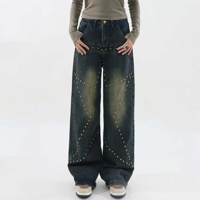 Brown Star Rivet Jeans - Y2K Vintage Outfits for Winter Street Style