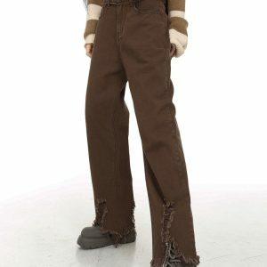 Brown Straight Leg Distressed Jeans - Y2K Vintage Winter Outfits