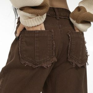 Brown Straight Leg Distressed Jeans - Y2K Vintage Winter Outfits