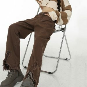 Brown Straight Leg Distressed Jeans - Y2K Vintage Winter Outfits