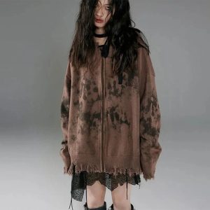 Burnt Earth Distressed Zip-Up Hoodie - Y2K Vintage Winter Outfit