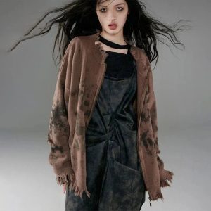 Burnt Earth Distressed Zip-Up Hoodie - Y2K Vintage Winter Outfit