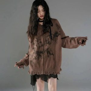 Burnt Earth Distressed Zip-Up Hoodie - Y2K Vintage Winter Outfit