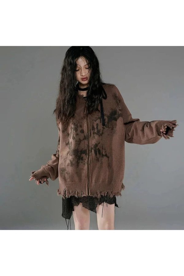 Burnt Earth Distressed Zip-Up Hoodie - Y2K Vintage Winter Outfit