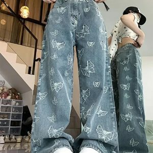 Butterfly Aesthetic Wide Leg Jeans - Y2K Vintage Street Style Outfit