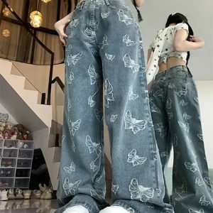 Butterfly Aesthetic Wide Leg Jeans - Y2K Vintage Street Style Outfit