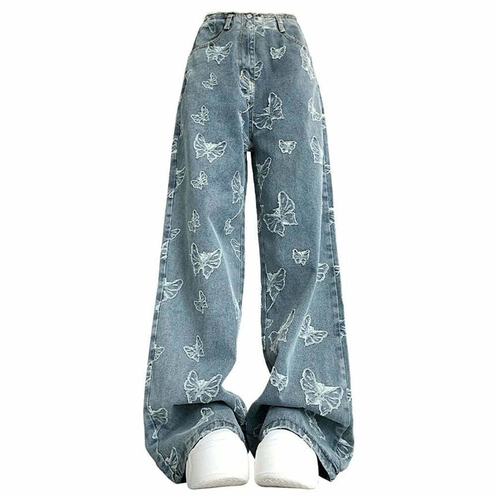 Butterfly Aesthetic Wide Leg Jeans - Y2K Vintage Street Style Outfit