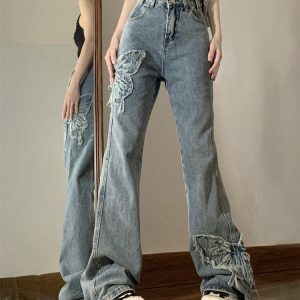 Butterfly Aesthetic Y2K Vintage Flare Jeans for Retro Street Style