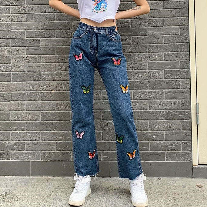 Butterfly Embroidery Jeans - Y2K Vintage Outfits for Winter Street Style