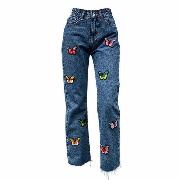 Butterfly Embroidery Jeans - Y2K Vintage Outfits for Winter Street Style