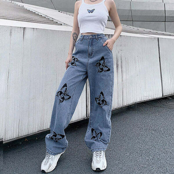 Butterfly Print Jeans - Y2K Vintage Outfits for Winter Street Style