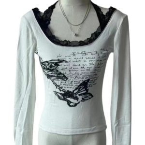 Butterfly Script Lace-Trim Top - Y2K Vintage Aesthetic Winter Outfit