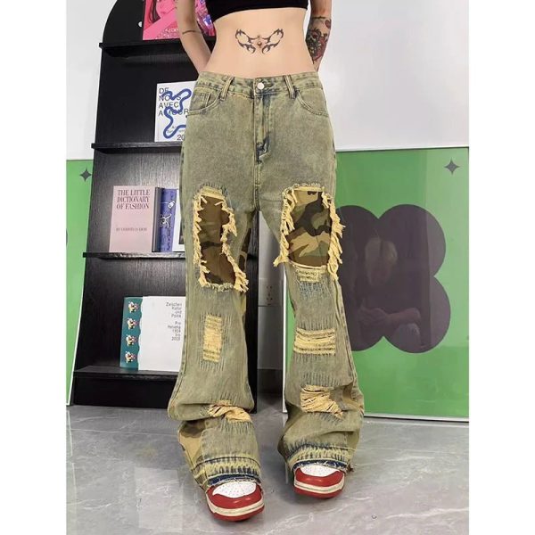 Camo Patchwork Distressed Jeans - Y2K Vintage Outfits for Winter Style