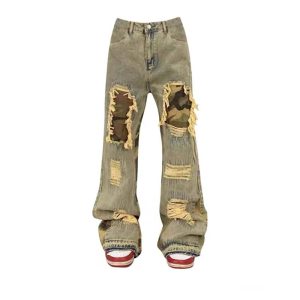 Camo Patchwork Distressed Jeans - Y2K Vintage Outfits for Winter Style