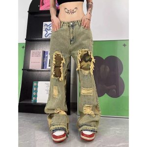 Camo Patchwork Distressed Jeans - Y2K Vintage Outfits for Winter Style