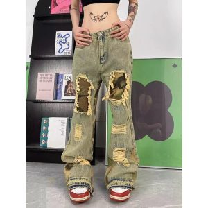 Camo Patchwork Distressed Jeans - Y2K Vintage Outfits for Winter Style