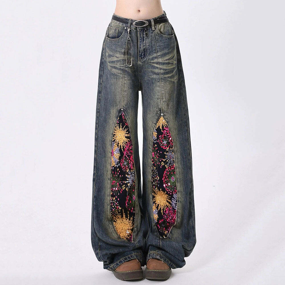 Celestial Magic Wide Leg Jeans - Y2K Vintage Outfits for Winter Style