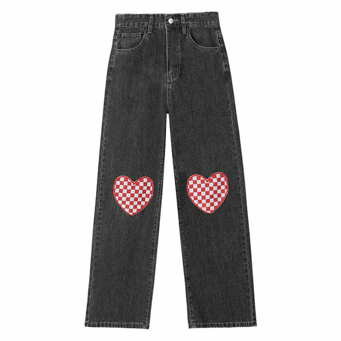 Checker Heart Wide Jeans - Y2K Vintage Outfits for Winter Street Style