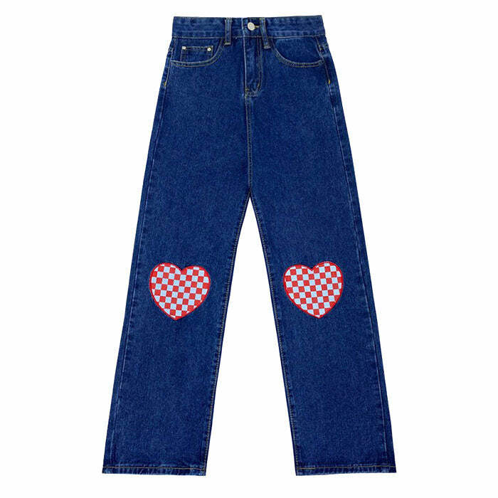 Checker Heart Wide Jeans - Y2K Vintage Outfits for Winter Street Style